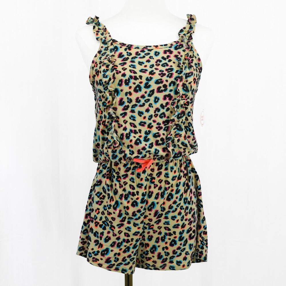 Wonder Nation Girls Leopard Print Ruffle Strap Romper Neon Animal Print XXL